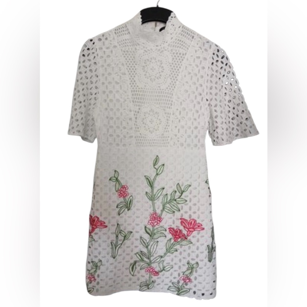 Zara White Mini Dress with Pink and Green Embroidery - Picture 3 of 4